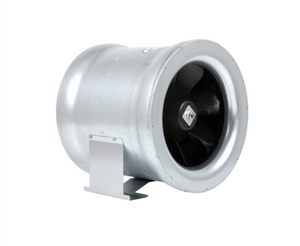 Max-Fan 12″ 1708 CFM is the first fan that has been developed with a Computational Fluid Dynamics (CFD) program. CFDs are used for engineering aircraft propulsion engines. The fan is circular in shape, silver in colour with a mount.