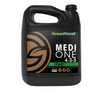 GreenPlanet Medi One (4-3-3.) is a 1 Part Nutrient system. Formulated with readily available macro and micronutrients; Medi One will deliver immediate results. When using this product you can expect to see vigorous vegetative growth and vibrant floral production. This product comes in a black jug container with a top handle. The label is predominantly black with a brown Green planet logo (G with a leaf) with green accents on the label. 