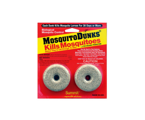 The Mosquito Dunks are America’s best selling home owner mosquito control product. The only product with BTI, a bacteria toxic only to mosquito larvae, that lasts 30 days and treats 100 square feet of surface water. Non-toxic to all other wildlife , pets, fish, and humans. Simply apply Mosquito Dunks to any standing water, or water garden. Kills within hours lasts for 30 days or more. Labeled For Organic Gardening by the USEPA. Highly effective low impact product. 2 pack 