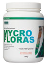 Hydrotech Mycro Floras is a Microbial root inoculant. Bacterial inoculant for seedlings and transplants in soil, coco, and hydroponics. This product comes in a wide cylindrical bottle with an image of roots on the right side. 