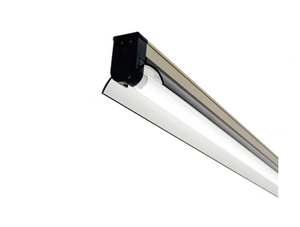 Sunblaster 36" T5HO Nanotech Combo includes T5HO Electronic ballast,  6400K lamp, power cord with on /off switch, and jumper plug with both hanging and flat surface mounting clips. This is an image of the product, silver reflector and white cylindrical light. 