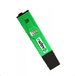 Nutri+ TDS Quickcheck Tester. This product is rectangular in shape, has a green body, black top and bottom. The digital face is clear with black numbers. This product’s dimensions are 151 x 33 x 20 mm and weighs 53 g.  