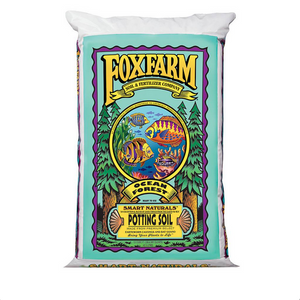 Fox Farm Ocean Forest Potting Soil is perfect for containers and ready to use right out of the bag. Ocean Forest is pH adjusted at 6.3 to 6.8 to allow for optimum fertilizer uptake. There's no need for nitrogen fertilizers at first; instead try a blend like this to encourage strong branching and a sturdy, healthy growth habit. This product comes in a white bag with a blue label with purple and green embellishments on it. In the centre there are a few fish in a ring with pine trees on either side.  