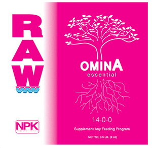 Raw OminA is an easily absorbed source of nitrogen derived from plant proteins. This is a close up image of the label (pink & white), it has an image of a tree “OminA essentials” text  in the centre with roots coming out the bottom. 