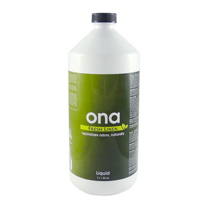 Ona Odour Neutralizing Liquid permanently eliminates any airborne odors, cleanly and effectively. Ona is environmentally friendly, non-toxic, and easy to use. This product comes in a clear cylindrical bottle, with a black lid and green label. The product is a white liquid.