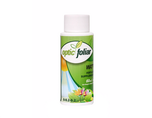 Optic Foliar Watt 0-0.2-0.2 (60ml) allows plants to utilize additional energy provided to the plant through sunlight and supplemental HID lighting. This product comes in a white cylindrical bottle, white lid, green label with sun, sky and image of a plant.
