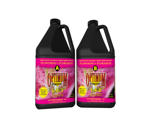 Optimum Hydroponix Bloom A (6-0-3) & B (1-4-8) is a 2-part liquid nutrient concentrate that provides gardens with balance and proper nutrients targeting specific needs from seedling to harvest. These products come in a black jug-like container, top handle with a pink label with a zoomed in picture of a flower. 