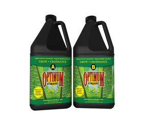 Optimum Hydroponix Grow A (5-0-2) & B (1-5-8) 2-part liquid nutrient concentrate provides gardens with balance and proper nutrients targeting specific needs from seedling to harvest. These products come in a black jug-like container, top handle with a green label with a zoomed in picture of plant leaves. 