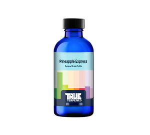 True Terpenes Pineapple Express is a sativa strain crossing Trainwreck and Hawaiian. It is potent, flavorful, and long-lasting. This product comes in a blue bottle. The label has various coloured rectangles on it.