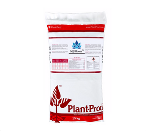 Plant Prod MJ Bloom 10-30-20 is an essential formulation to cannabis production. This high phosphorous, moderate potassium formulation encourages full bud set and improves bud filling. This product comes in a white plastic bag with red borders, and an illustration of a plant in the bottom left. 