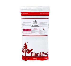 Plant Prod MJ Finisher 4-31-37 is a cannabis specific finishing formulation with elevated phosphorus and potassium to encourage fullness and density of buds. This product comes in a white bag with red borders and an illustration of a plant in the bottom left. 