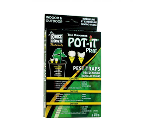 Knock Down Pot-it Pest Traps. In the package image, black package with yellow and green accents, image of pot-it sticky paper in a plant on the top left. 
