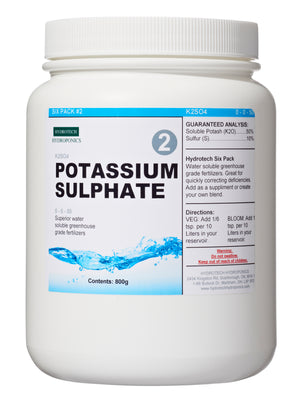 Hydrotech Hydroponics #2 Potassium Sulphate, white cylindrical bottle with lid, bottle contains 800g. 