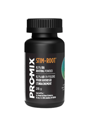 ProMix Stim-Root is a successful hormone formula that stimulates rapid rooting of cuttings. This product comes in a small black cylindrical bottle with black lid. Label is black with white (“Pro mix”)  & orange text (Stim-root).
