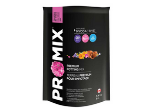 Pro-Mix Premium Potting Mix is ready-to-use, this peat-based potting mix is perfect for all indoor and outdoor container planting. Recommended for potting or re-potting plants in containers. This product comes in a black pouch with white text down the side and images of flowers (pink, orange & purple) near terracotta coloured pots. 