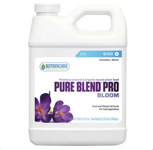 Botanicare Pure Blend Pro Bloom (2-3-5) is a premium one-part natural and organic plant food for use in soilless hydroponic applications. This product comes in a white jug-like container with a white label and a photo of a purple flower in the bottom left corner. 