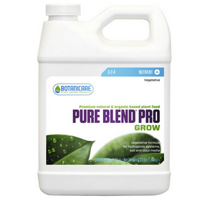 Botanicare Pure Blend Pro Grow (3-2-4) A premium one-part natural and organic plant food for use in soilless hydroponic applications. This product comes in a white jug-like container with a white label and a photo of green leaves covered in water droplets along the bottom.
