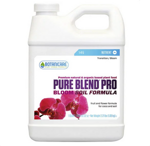 Botanicare Pure Blend Pro Bloom Soil (1-4-5) A premium one-part natural and organic based plant food for use in soil and container gardens. This product comes in a white jug-like container with a white label and a photo of a purple orchid in the bottom left corner. 