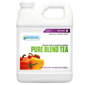 Botanicare Pure Blend Tea (0.5-0.5-1) is a highly soluble compost tea solution that is easily absorbed by plants grown in hydroponic, soil, and soilless mediums. This product comes in a white jug-like container with a white label and a photo of yellow, red, and orange peppers. 