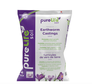 Pure Life Soil Earthworm Castings is a premium organic earthworm castings that work with your soil to promote plant growth and root structure. This product comes in a white rectangular package that is split in colour purple on the left and white on the right with purple flowers on the bottom right. 