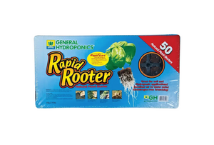 Rapid Rooters produces a unique matrix of peat moss and binders. With RapidRooter, you have the optimal air-to-water ratio within the plug matrix, which results in explosive early root growth. This product comes in a  black tray wrapped in plastic with a rectangular label, sky blue colouring with yellow text, with an image of what looks like basil in a rapid rooter with an abundance of roots. The product is cylindrical in shape smaller at the bottom, a hole in the centre & brown in colour.