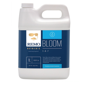 Remo Nutrients Bloom has a proprietary blend of macro and micronutrients that provide your plants with the foundation needed to achieve maximized yield. This product comes in a white container with a blue label, an image of a gent in gold glasses with a mustache. 