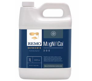 Remo’s Nutrients MagNifiCal is super chelated, resulting in a quicker uptake to your plants. This formula has been specially designed to speed up absorption rates and can start affecting your plants within a couple of hours after use. This product comes in a white container with a blue label, an image of a gent in gold glasses with a mustache.