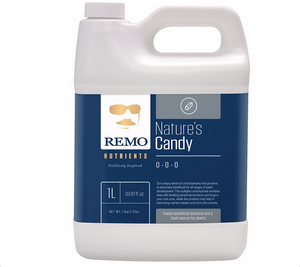 Remo Nutrients Nature's Candy is a unique blend of carbohydrates and amino acids that are extremely beneficial for all stages of plant development. This product comes in a white container with a blue label, an image of a gent in gold glasses with a mustache.