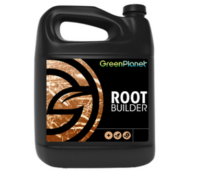 GreenPlanet Root Builder (0.5-0.3-0.5.) A blend of compost tea, fishmeal, molasses, and kelp. Helps build strong, healthy roots. Do not use with hydrogen peroxide. This product comes in a black jug with a brown and black label. 