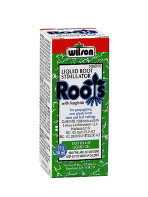 Wilson liquid Root stimulator, Roots, 0.4% IBA  gel rooting hormone with added fungicide. This product comes in a rectangular box with a green and red label with images of foliage on it.