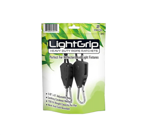 Light Grip Light Hanger. This product comes in a pouch of 2. The pouch has green leaves on the top a white centre showcasing the black grip with a metal ring.