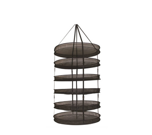 Sahara Dry Fast Drying Racks are lightweight durable mesh drying racks with 6 individual compartments measuring 33'' (83.82 cm) in diameter with 6 individual drying chambers with 1/8" open holes. The rack is photographed open hanging with straps that come to a point at the top.