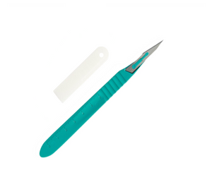 Disposable Scalpel. Use this individually wrapped sterilized scalpel for all your plant cuttings. A sterile scalpel will help prevent disease and damage to any cutting. The scalpel is bluish green in colour with a silver blade and clear plastic lid. The lid is off to the left of the scalpel, scalpel comes with a ruler on bottom. 