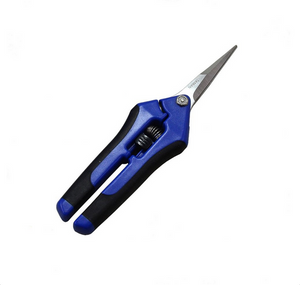Giros Straight Blade Pruners are spring loaded, surgical steel dual density handles. High quality spring Ideal for cutting branches, flowers and fruits. An excellent alternative to standard scissors. These pruning shears are pointing to the top right, the handle is blue and black with silver blades. 