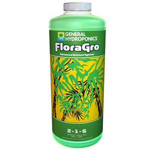 General Hydroponics FloraGro (2-1-6) is part of a three part flora series. FloraGro builds strong roots during a plant's vegetative stage. This product comes in a clear cylindrical bottle, the product is green in colour, a green label, with images of green trees in the center on a yellow background.