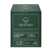 Sporeo Sterilized Grain is a Fully sterilized, sealed, and lab tested mushroom grain made from 100% organic rye berries. The sterilized grain comes sealed in a filter patch bag designed solely for this process. This product comes in a green box with an illustration of a mushroom on it. 