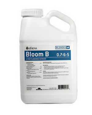 Athena Bloom B is a simple and clean 2-part formula designed for the flowering stage of growth for fruit and flower-producing plants. This product comes in a white jug type bottle with a blue label. 