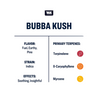 True Terpenes Bubba Kush Flavor: fuel, earthy and pine. Strain:indica. Effects: soothing and insightful. Primary Terpenes: Terpinolene, b-caryophyllene & myrcene.