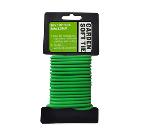Hydrofarm Garden Soft Tie works by gently securing plants with its padded material that will not cut into the stems. This product comes in a black package, a large balc rectangular top with a green logo, green coiled soft ties and a black rectangle a the bottom. 