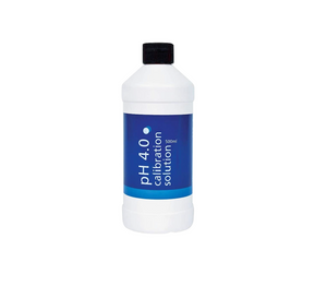 Bluelab pH 4.0 Calibration Solution. This product comes in a white cylindrical bottle with a black ribbed lid with a blue label. 
