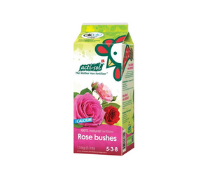 Acti-Sol Rose Bushes Organic Fertilizer 5-3-8. Product comes in a milk carton shaped container with images of a rooster and roses.