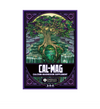 Image of cal-mag label. Purple border, tree in center, roots holding green diamond shaped gem. There’s a waterfall on either side with wavy purple land on the sides reminiscent of ice. 