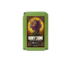 Emerald harvest - Honey Chome, rectangular in shape, green in colour with a black lid. The label has a honey coloured border, an image of a purple monster like flower with twisted greens.