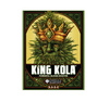 Close up of the label. Green, black and orange black border with an image of King Kola the centre. Roots are growing all around the diamond with several buds near the top. The King has honey coloured eyes, a green face that resembles a tree, facial hair of green leaves, a large gold crown with a green diamond and green flowering hair. Near the bottom you’ll find text that says “King Kola”.