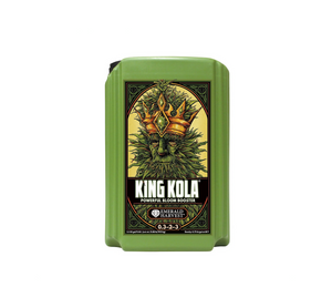 Emerald harvest - King Kola, a powerful bloom booster. The product is rectangular in shape, green in colour with a black lid. The label has green, black and orange borders with a central image of King Kola. The King has honey coloured eyes, a green face that resembles a tree, facial hair of green leaves, a large gold crown with a green diamond and green flowering hair.