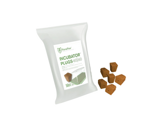 FloraFlex Incubator 40|40 Coco Plugs are made with Coco Coir, Peat Moss, and Bio Char. This product comes in a grayish-white packet with a white label and green text. Beside the package to the right are six the brown coco plug cubes. 