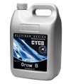 Cyco Platinum Series Grow B is the second of the two parts to make up the base nutrient system for the vegetative stage of plant growth. This product comes in a 4L silver jug-like container with a black label and an electric blue image with text surrounding it.