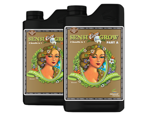 Advanced Nutrients Sensi Coco Grow Part A&B. 3-0-0. 1-2-4. This two part product comes in two black rectangular bottles with brown labels, on the label is a headshot of a woman surrounded by a floral wreath. A pH perfect 2-part base nutrient designed specifically for coco coir!