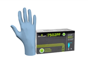 Showa disposable, biodegradable, chemical-resistant, latex-free, textured Fingertips, powder-free gloves. This product comes in a black box with green writing on the box. To the left side of the box is a large blue gloves with a hand inside.  