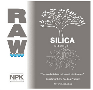 Raw Silica is able to be suspended in solution, is pH neutral, and will not cloud your water. Raw Silica contains 45% silicon dioxide. Improve the strength of your plants with Raw Silica. This is a close up image of the label (gray & white), it has an image of a tree “Silica Strength” text  in the centre with roots coming out the bottom. 